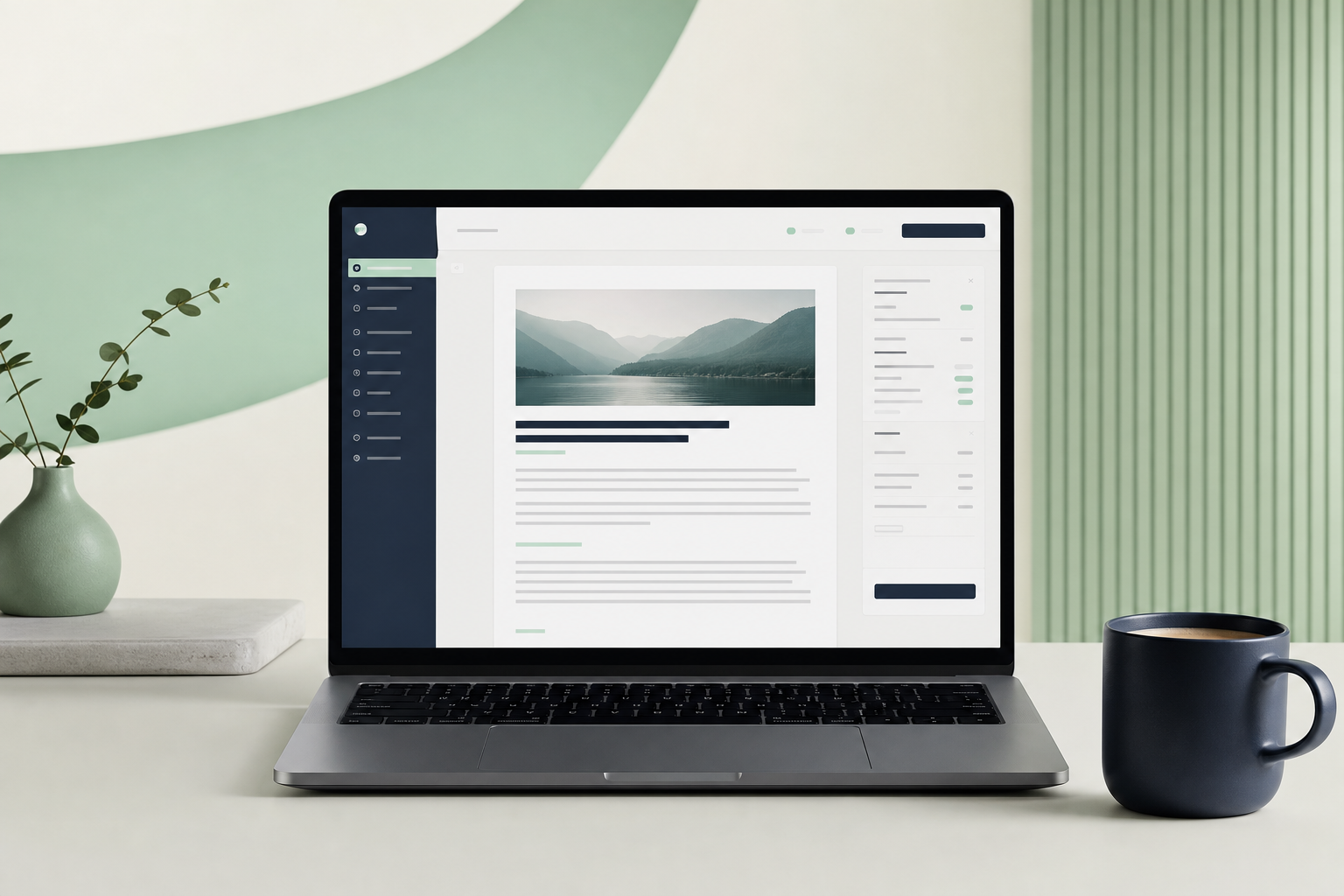 Una schermata di laptop che mostra l'interfaccia della piattaforma Neogenio con un articolo ottimizzato pronto per la pubblicazione in WordPress, accanto a una tazza di caffè su una scrivania ordinata