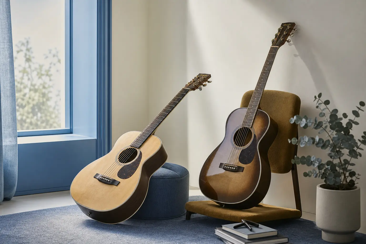 Eine nahe, aber nicht extreme Ansicht eines erwachsenen Gitarrenlehrers und eines jungen Schülers, die drinnen in der Nähe eines Fensters zusammensitzen, beide halten akustische Gitarren, der Tee