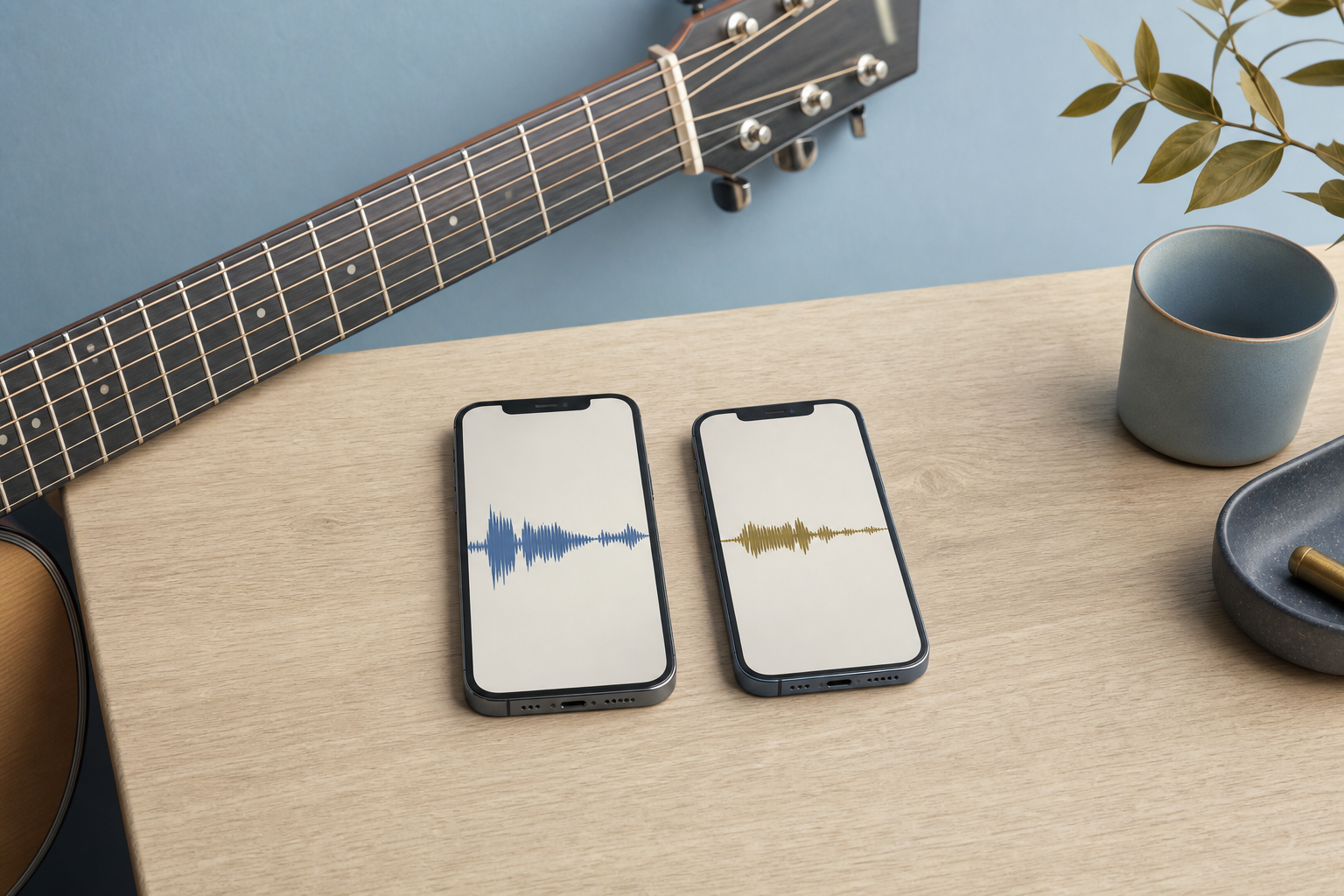 Close-up of two smartphones side by side on a wooden desk, each showing a simple audio waveform, beside an acoustic guitar resting against the wall — illustrati