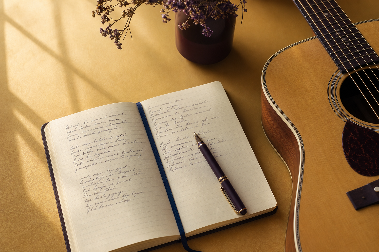 Close-up of a musician's hands writing lyrics in a handwritten notebook beside an acoustic guitar resting on a wooden desk, suggesting the songwriter process