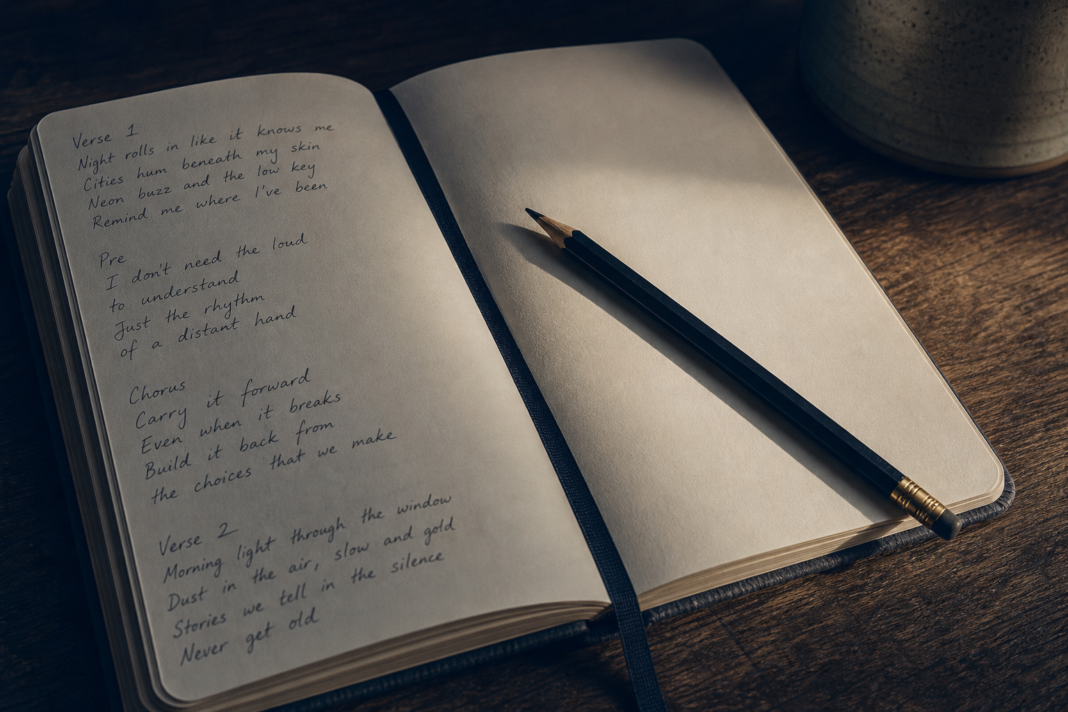A close-up of an open handwritten songwriting journal on a wooden desk, with a pencil resting across the page and partial lyrics visible in careful handwriting