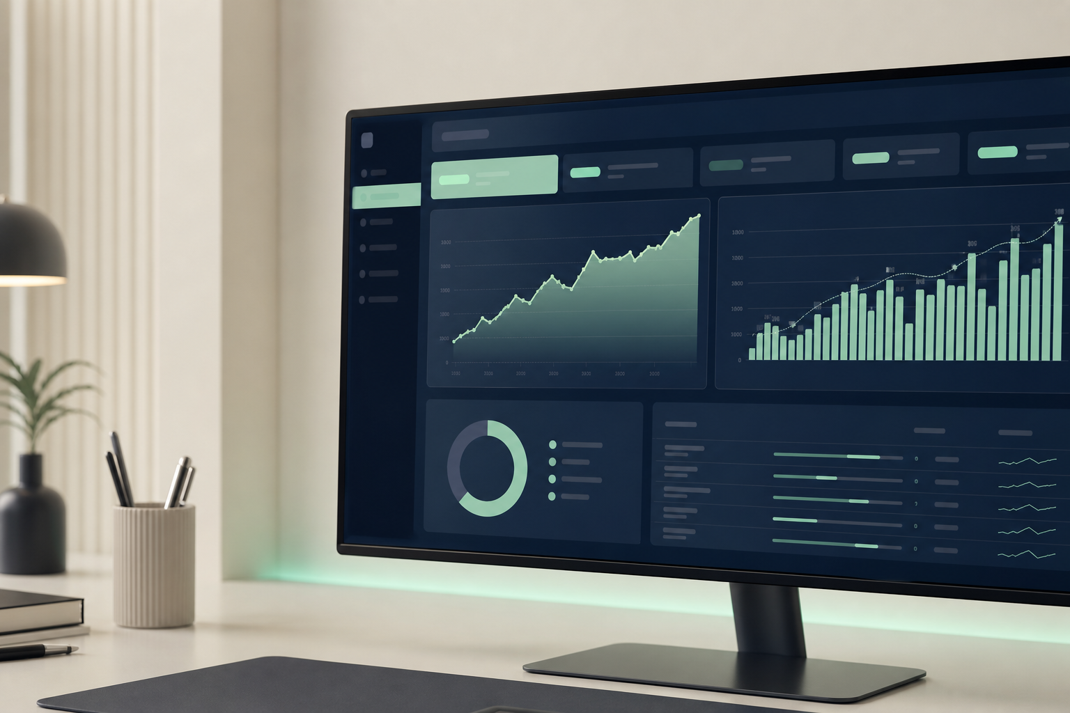 Pantalla de monitor grande mostrando un panel de análisis SEO con gráficos de tráfico orgánico y posiciones de palabras clave, en un espacio de trabajo moderno