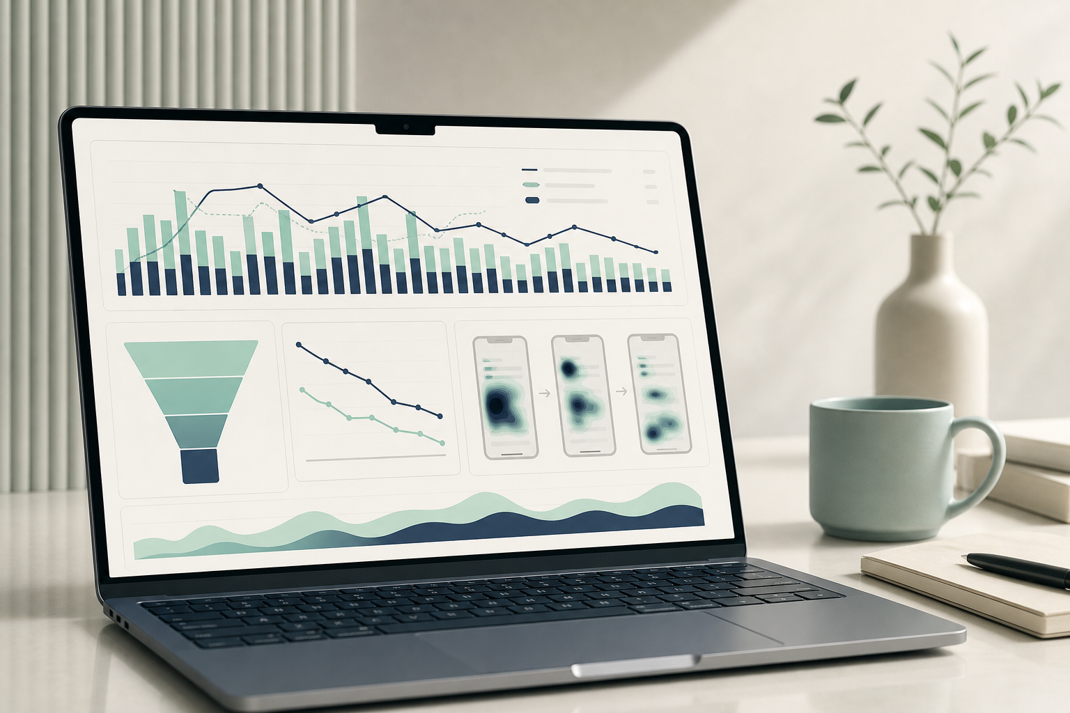 Laptop screen displaying an analytics dashboard for an online store, with conversion graphs and mobile navigation heatmap, on a work desk