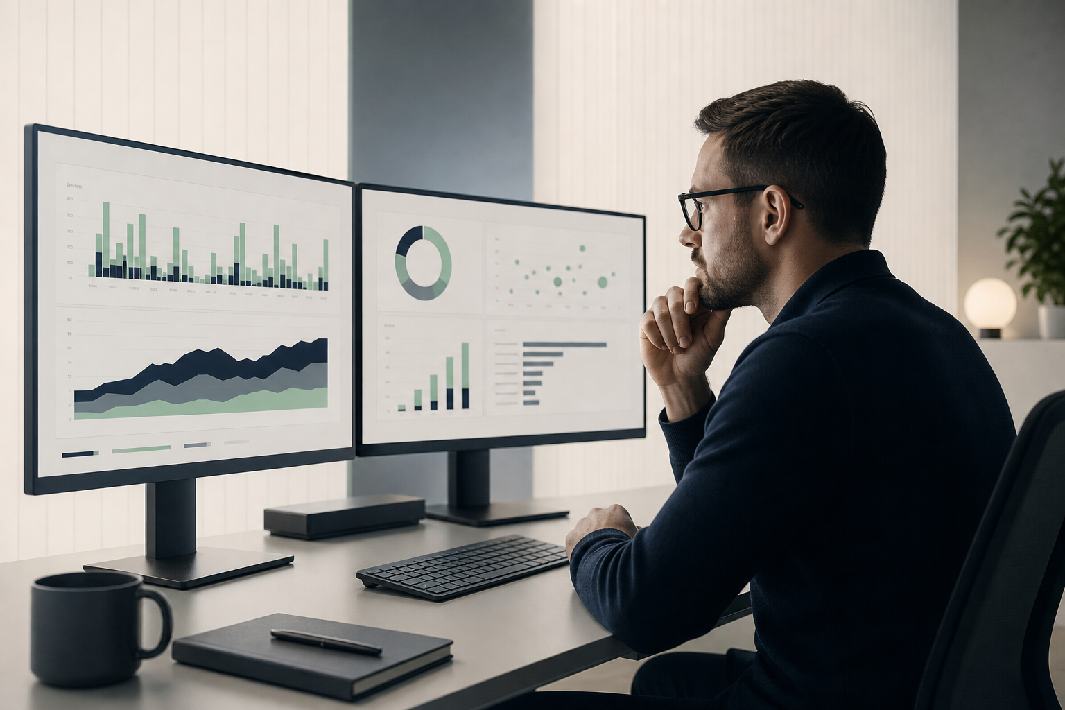 Un especialista en datos de una empresa empresarial analizando un panel de IA FinOps en dos pantallas grandes, con gráficos de consumo de tokens y costos en
