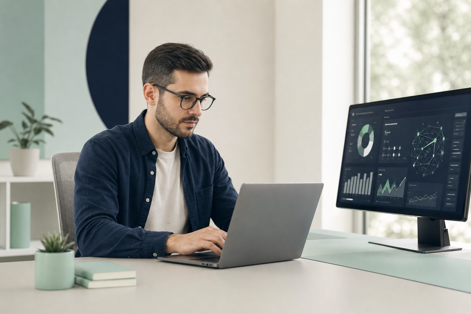 Un professionista rumeno che lavora su un laptop in un ufficio moderno, con dashboard AI visibili sullo schermo, rappresentando la riqualificazione della forza lavoro