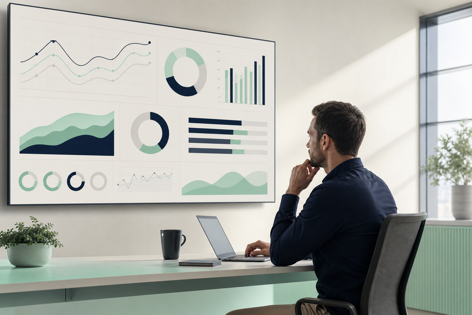 Un spécialiste en marketing étudiant un rapport d'audit sur un grand écran, avec des graphiques de visibilité IA et SEO affichés clairement, dans un bureau moderne et ordonné