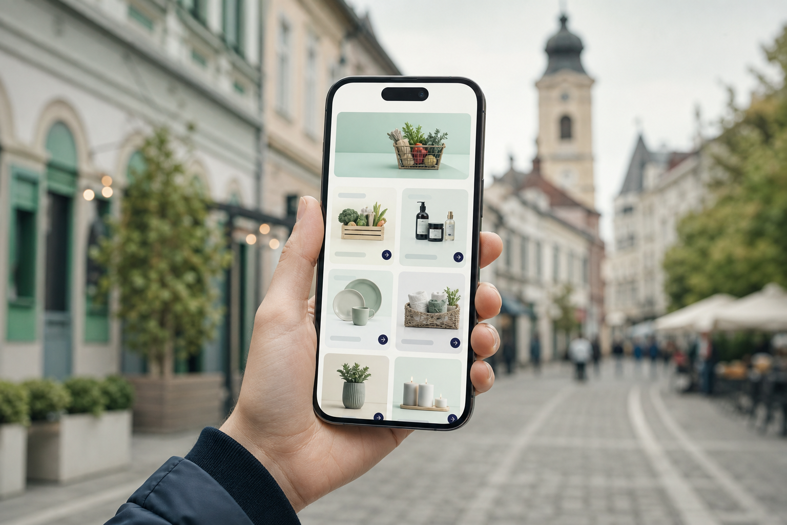 Smartphone screen showing an online store with clear product categories, held by a person on a street in the center of a small Romanian city