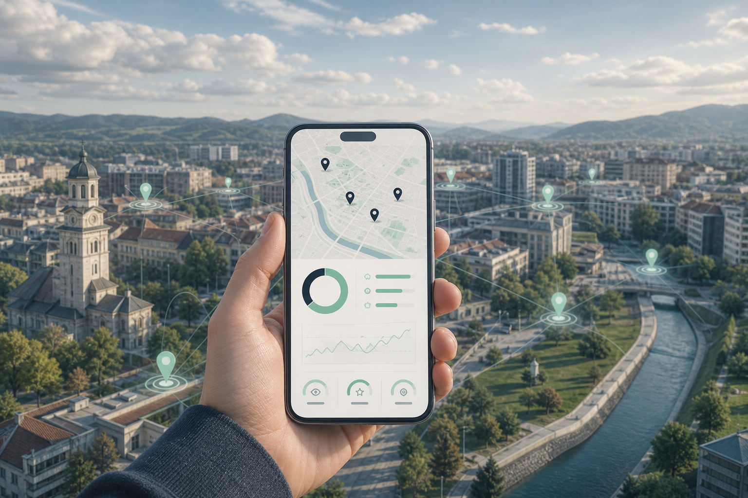Panoramablick auf das Zentrum der Stadt Râmnicu Vâlcea mit einer stilisierten digitalen Überlagerung, die ein lokales SEO-Audit auf einem Smartphone simuliert, mit Sichtbarkeitswerten