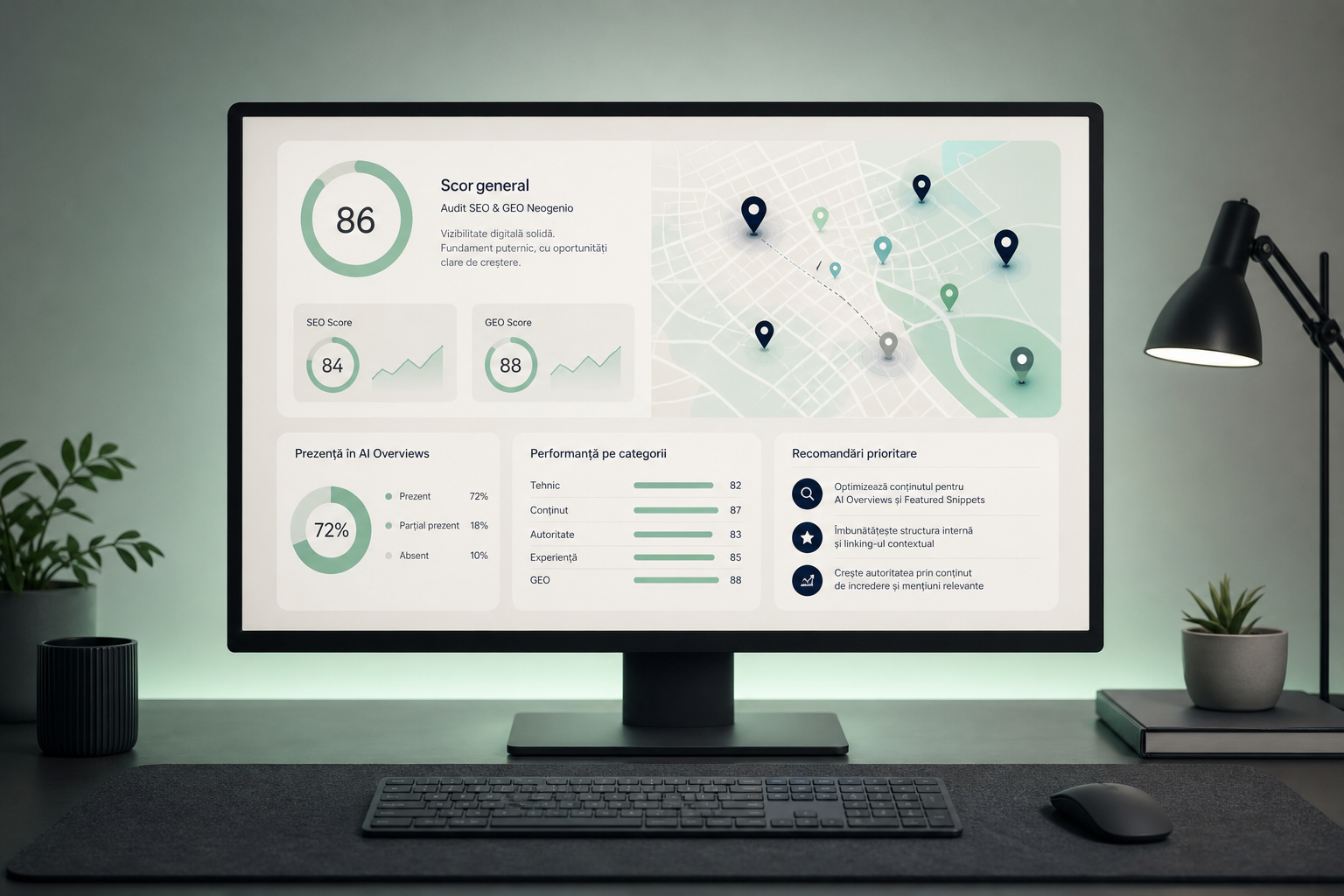Screenshot di un rapporto di audit SEO e GEO Neogenio visualizzato su un monitor da ufficio, con punteggi e raccomandazioni visibili