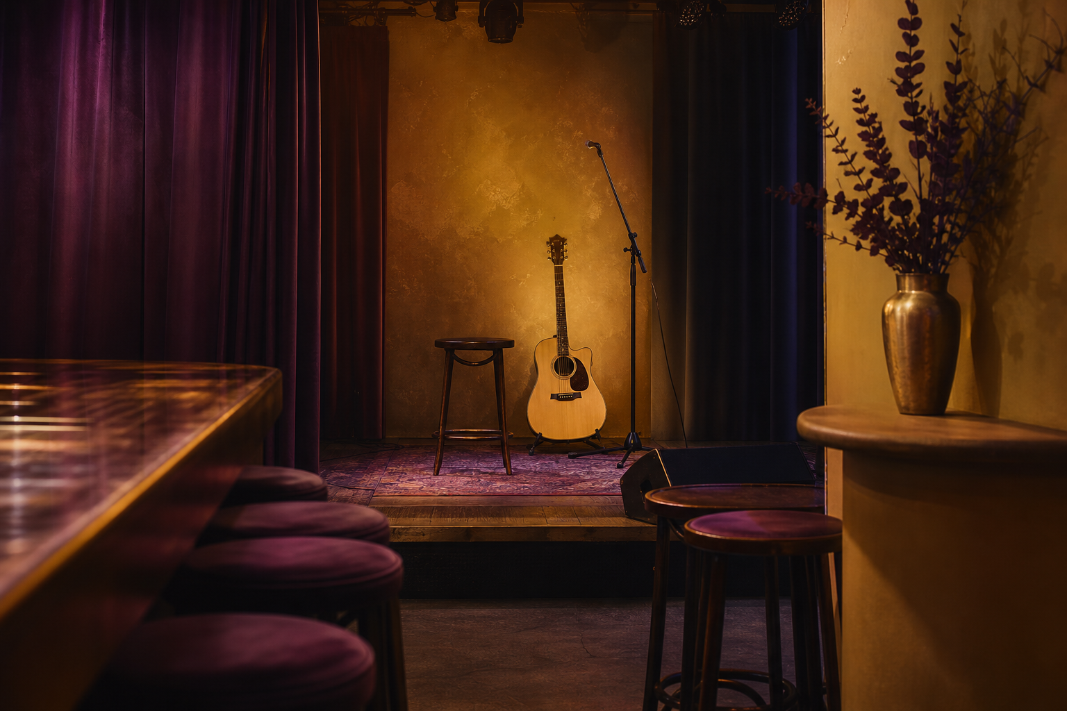 Interior of a small, dimly lit music bar in Konstanz with a guitarist on a compact stage, bar stools close to the front, and audience members leaning in to watc