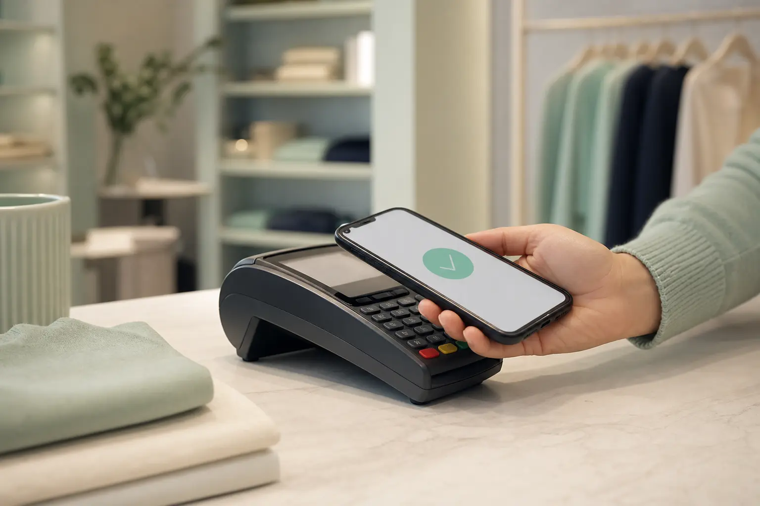 Un terminal POS fizic pe un tejghea de magazin mic, cu un smartphone afișând o confirmare de plată